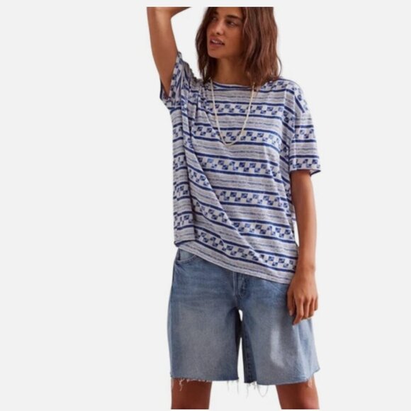 Free People Tops - Free People Blue and White Striped Short Sleeve Tee